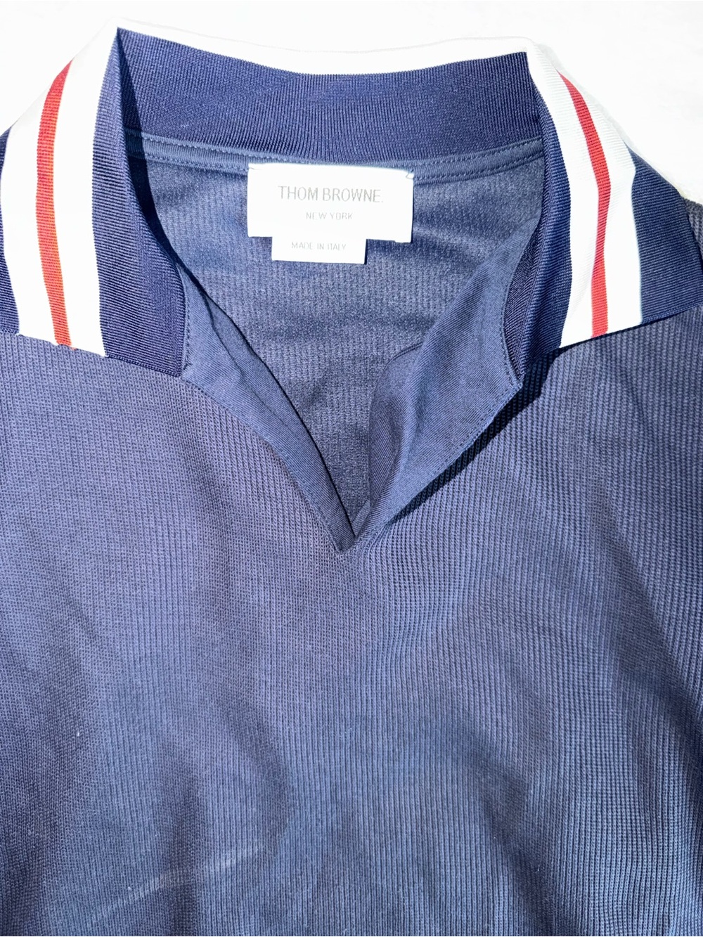 Thom Browne Navy Polo with Red & White Stripe Collar Size L